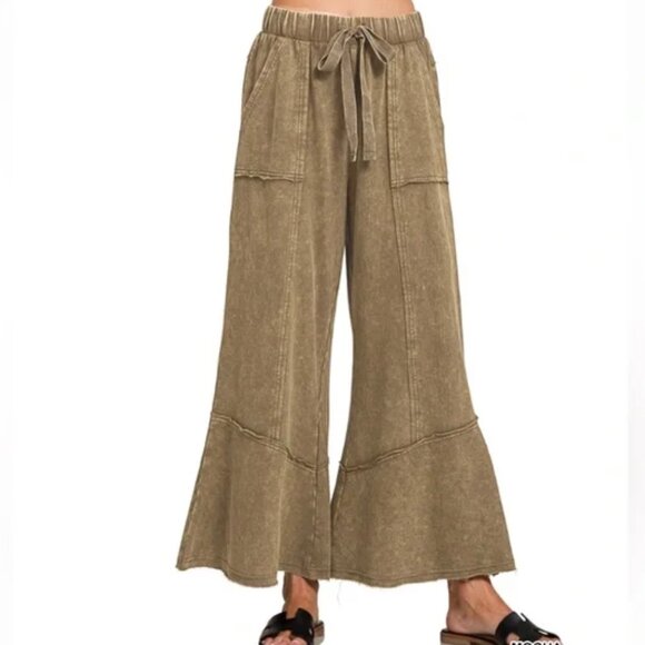 Zenana Outfitters Pants - New Zenana Womens  Olve Green Mineral Wash EXPOSED-SEAM FLARE HEM PANTS POCKETS